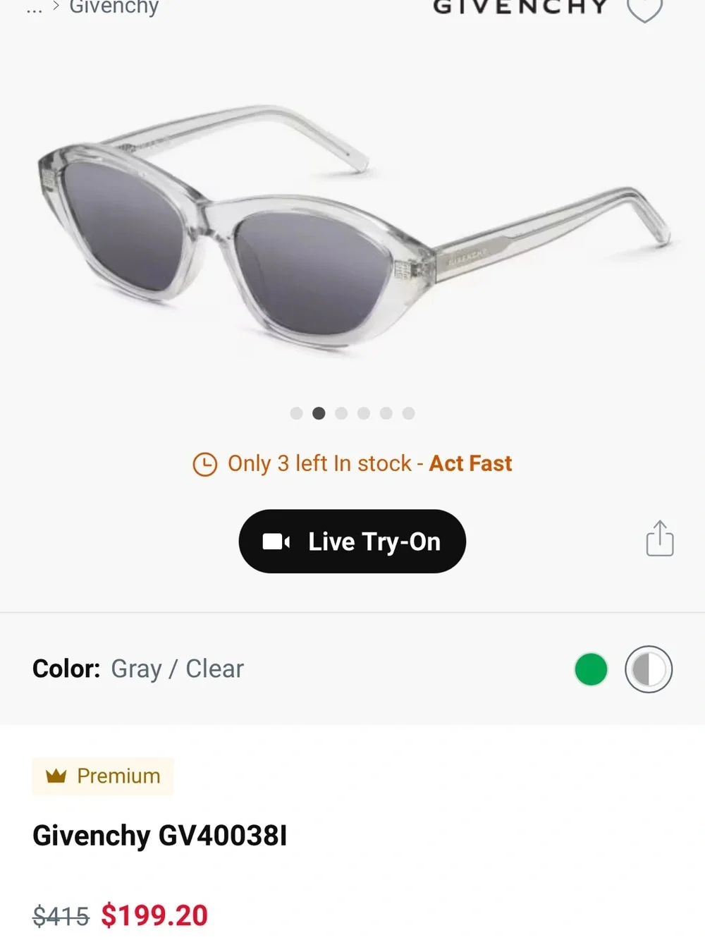 Givenchy Clear Cat Eye Sunglasses with Smoke Lenses